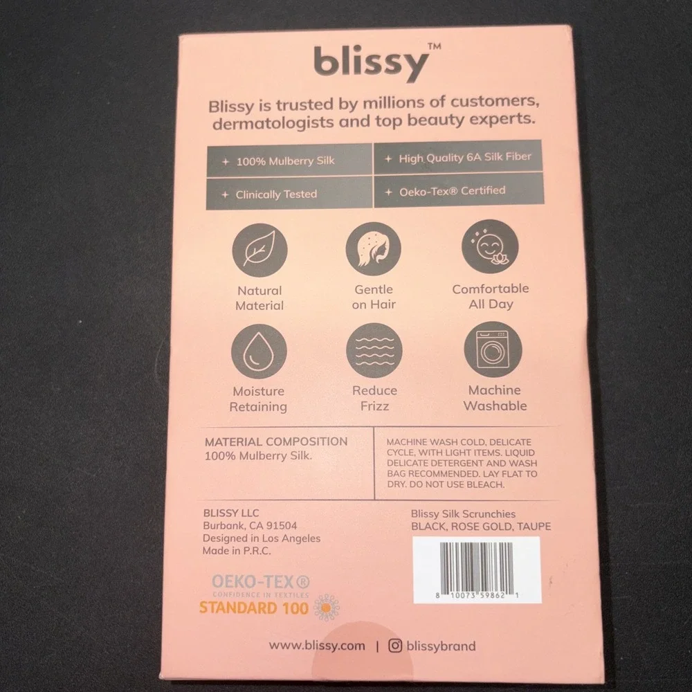 Blissy Machine Washable Mulberry Silk Scrunchies BLACK, ROSE GOLD, TAUPE 20768